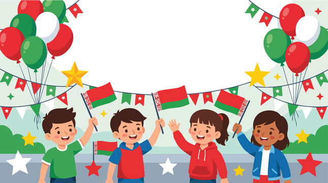 Happy children waving belarus flags at a national holiday celebration