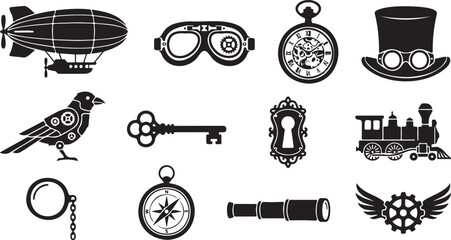 Steampunk silhouette vector elements set with vintage mechanical gears, airship, and pocket watch icons. © RobiulIslam