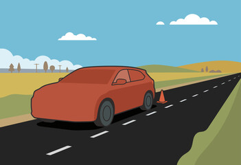 Fototapeta premium An orange electric vehicle is pulled over on a highway, showcasing a roadside emergency with a completely uncharged battery pack. Clear, bright illustration.