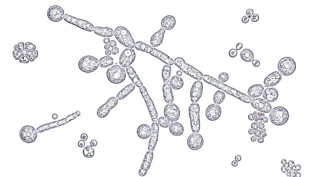 Candida albicans displaying characteristic budding yeast cells, blastoconidia, pseudohyphae, and germ tube-like structures.