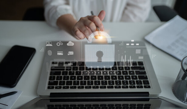 Cybersecurity protection system showing password encryption, fingerprint ID, cloud security, email, credit card, and database lock for secure data access Latch