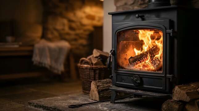 Cozy wood burning stove with fire inside a rustic living room home