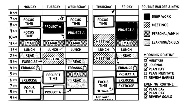 Daily schedule planner with focus time and routine builder keys
