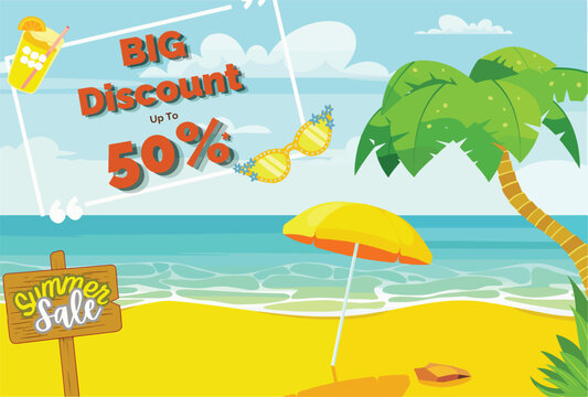 Bright beach scene with palm trees and ocean. Yellow umbrella stands near sand. Signs declare summer sale and big discount. Tropical vibes evoke vacation excitement