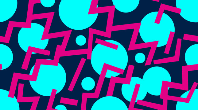 Retro 90s geometric pattern with pink zigzags and cyan circles on dark background.
