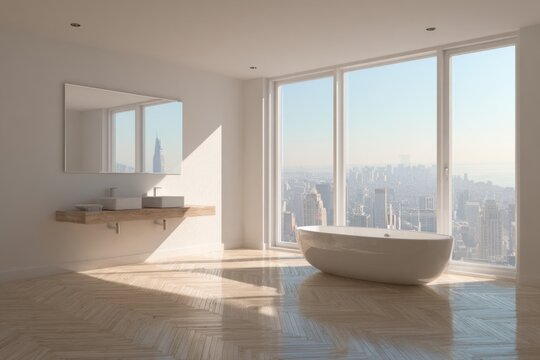 Modern bathroom features a freestanding tub and dual sinks with city view.