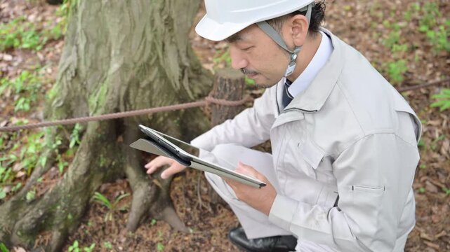 タブレットを使って樹木を点検する作業員、インフラの安全管理と公園の設備保守や施設管理、行う技術者の現場メンテナンス業務の動画
