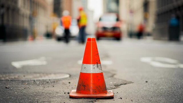 Close up of weathered orange traffic cone with reflective stripe on quiet street surface