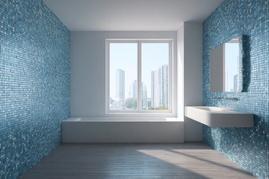 Modern bathroom with blue mosaic tile walls and large window.