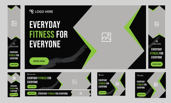 Minimalist fitness set of web banner template design for social media posts, abstract web cover, google ads bundle design template, fully editable vector eps file