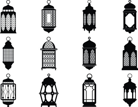 Islamic Folk Art and Oriental Culture Vector Icon Collection featuring traditional hanging arabic lantern and ornamental fanous silhouette symbols.