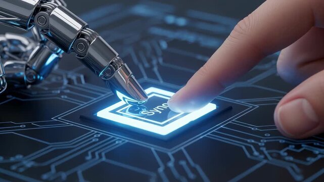 Human finger and robot finger touching glowing sync button circuit board symbolizing workforce reskilling automation technology and digital circuit
