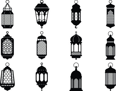 Islamic Culture and Ramadan Celebration Vector Icon Collection featuring traditional hanging lantern and arabic fanous silhouette symbols.