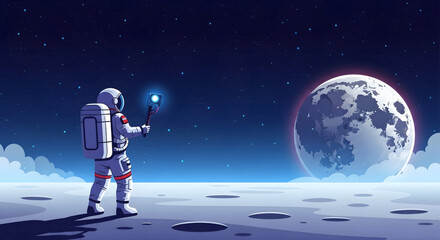 Naklejka premium Astronaut holding a glowing device on the moon surface looking at the moon.