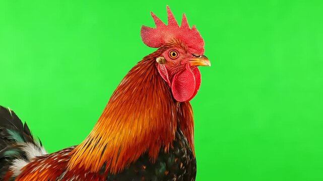 Close-up of a majestic rooster with vibrant plumage against a green screen background.