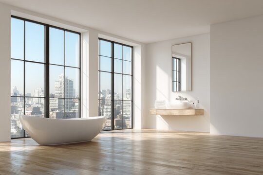 Modern bathroom with large windows overlooking a city skyline.