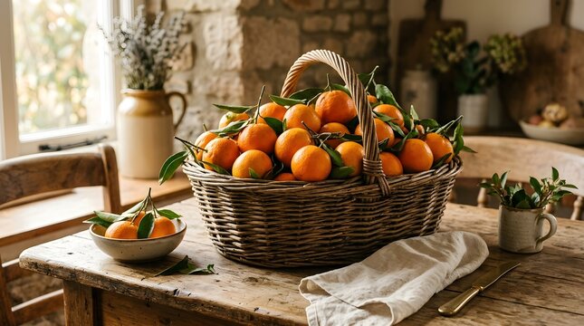 Abundant harvest of ripe tangerines overflowing from a rustic woven basket placed on a weathered wooden tabletop showcasing fresh citrus fruit with green leaves evoking a sense of natural