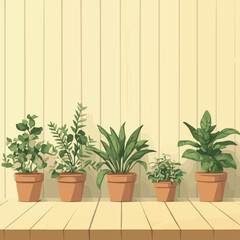 Fototapeta premium Stylish collection of potted plants arranged on a wooden shelf, adding natural beauty to any indoor space.