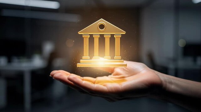 Glowing golden courthouse icon floating above an open hand modern justice legal concept