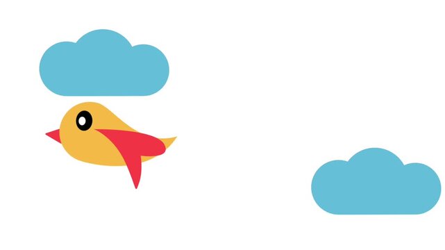 Cute Yellow Bird Flying Across Sky with Clouds Animation on White Background