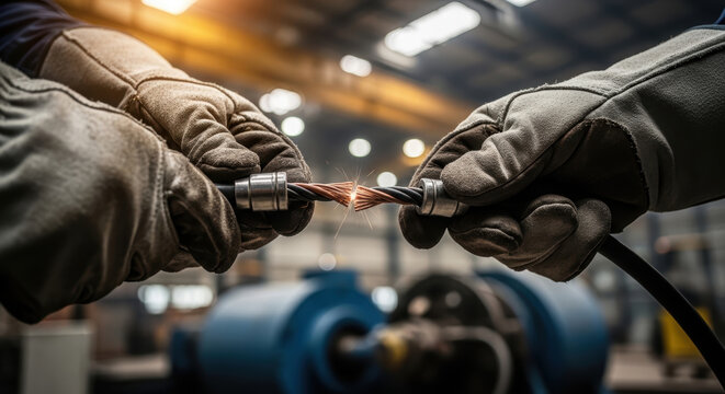 Electrician connecting wire with gloves in factory safety environment showing spark and protection