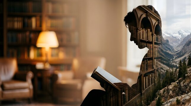 Double exposure silhouette of a person reading a book inside a library