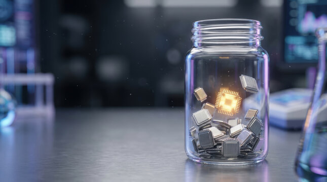 Glowing microchip glass jar computer chip technology electronic component digital innovation futuristic microprocessor circuit board hardware