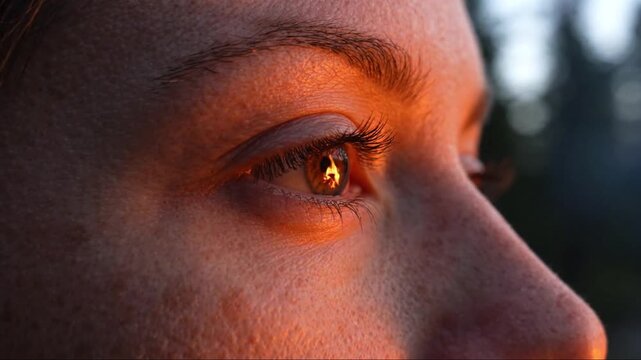 This b roll close up of an eye reveals a strong, burning passion, capturing profound emotion in its reflection, ideal for conveying deep human feelings.