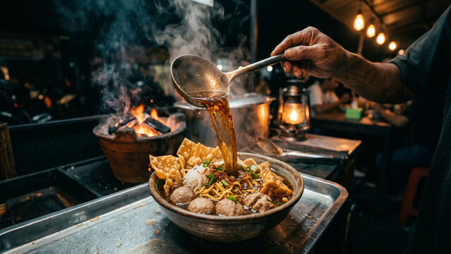 Bakso Malang Served Steaming Hot at Night Street Food Stall