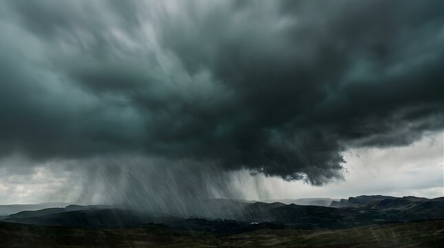 Dramatic dark rain clouds over mountainous landscape with stormy sky