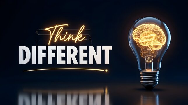 Think Different Concept Featuring a Glowing Human Brain Inside a Light Bulb on Dark Background