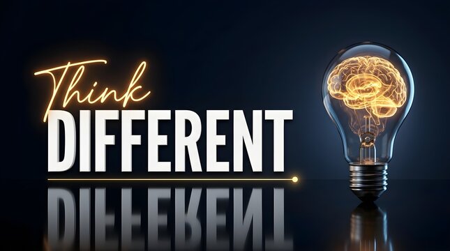 Creative Innovation Concept with Think Different Neon Text and Human Brain Inside a Lightbulb