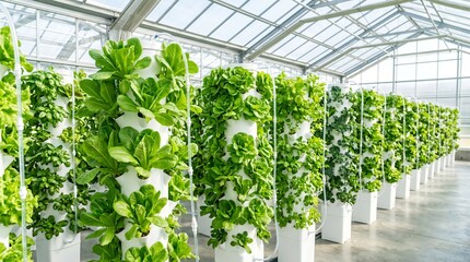 Fototapeta premium Hydroponic vertical farming system with rows of fresh leafy green vegetables growing in a modern greenhouse, sustainable indoor agriculture and controlled environment cultivation