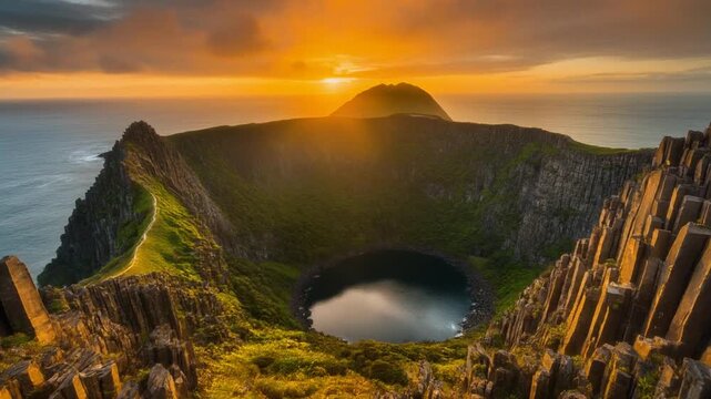 Cinematic Slow Pan Revealing Seongsan Ilchulbong Volcanic Crater Rising from the Sea at Sunrise, Jeju Island Korea