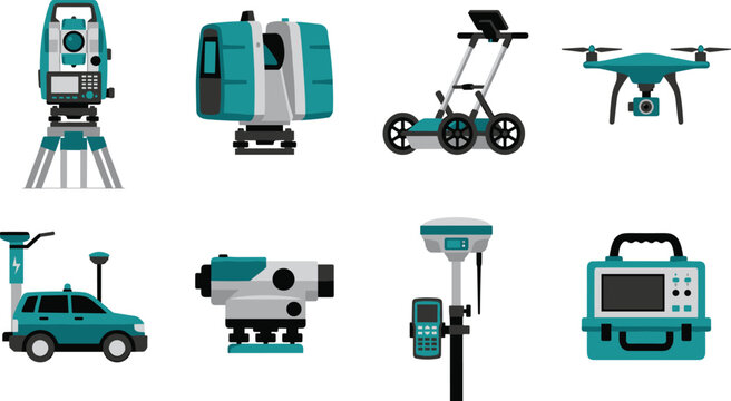 Flat vector icons of professional land surveying and geomatics equipment for engineering mapping and construction projects