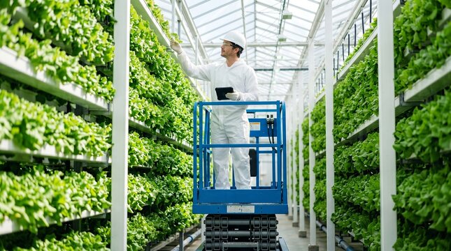 Professional technician inspecting hydroponic lettuce on a lift inside a modern vertical greenhouse, white male agricultural specialist monitoring fresh leafy greens and smart farming production