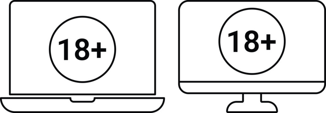 Laptop and Monitor Screen with 18 Plus Age Restriction Sign Set for Adult Content Warning Outline Vector