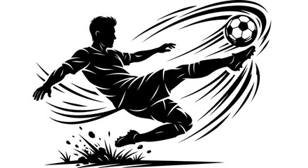 Obraz premium Dynamic Soccer Player Kicking Ball, Black Sports Illustration, Football Action, Vector Graphic