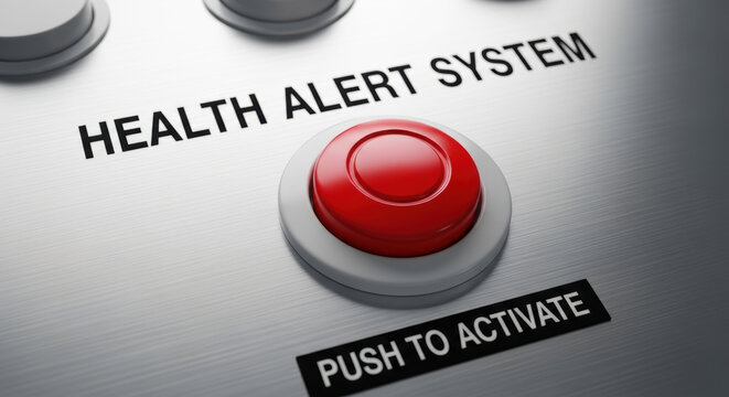 Health alert system button with red push for pandemic preparedness policy activation concept