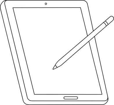 Minimalist Black and White Line Art Illustration of a Digital Tablet and Stylus Pen for Creative Work