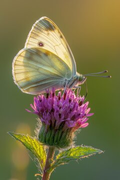 A delicate white butterfly with yellow markings rests on a vibrant purple flower, bathed in warm sunlight. AI.