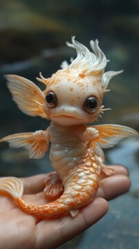 A small, orange-scaled creature with fins and large eyes rests on a person's hand. AI.