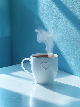 A white mug with a heart design holds hot coffee, with steam rising and light casting shadows on a blue textured wall. AI.