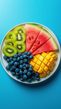 A plate of sliced watermelon, kiwi slices, blueberries, and diced mango presented on a blue background. AI.
