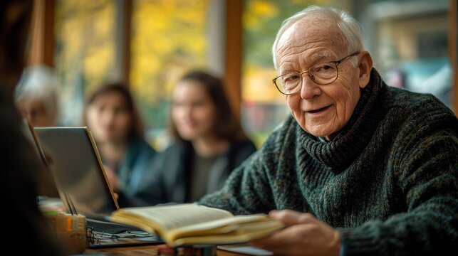 An elderly man with glasses smiles while reading a book, with other people blurred in the background. AI.