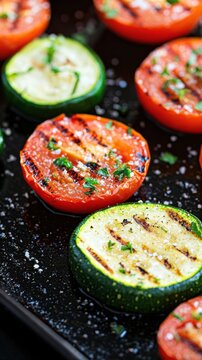 Sliced tomatoes and zucchini are grilled with herbs and seasoning on a dark surface. AI.
