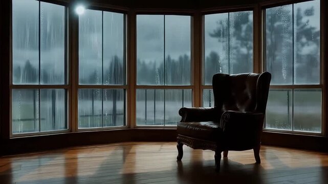 Watching heavy raindrops stream down large windows next to comfortable leather armchair inside quiet dark room during storm while sun breaks through wet clouds and brightens empty modern house floor