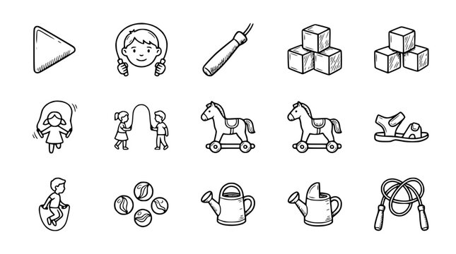 Children's Playtime Icons: Skipping Rope, Blocks, Horse, Watering Can, Marbles, Sandal