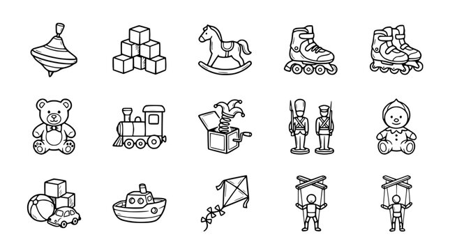 Collection of classic hand-drawn toy icons: spinning top, blocks, teddy bear, train, horse, roller skates