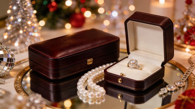 Luxury pearl ring in open leather gift box with elegant pearl necklace on reflective mirror surface ideal for high end jewelry branding and festive promotions